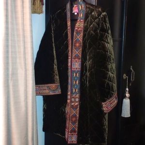 Green Velvet Johnny Was Open Quilted Long Jacket